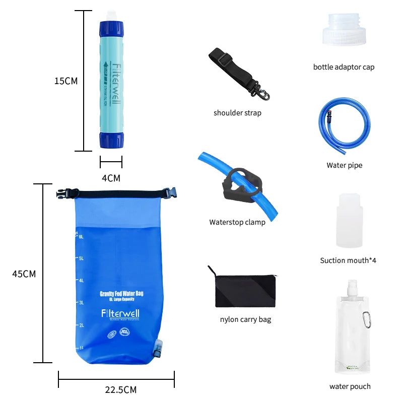Filterwell 6L Gravity Fed Water Purifying Filter Bag - Water Filtration System - Emergency Survival Camping Water Purifier