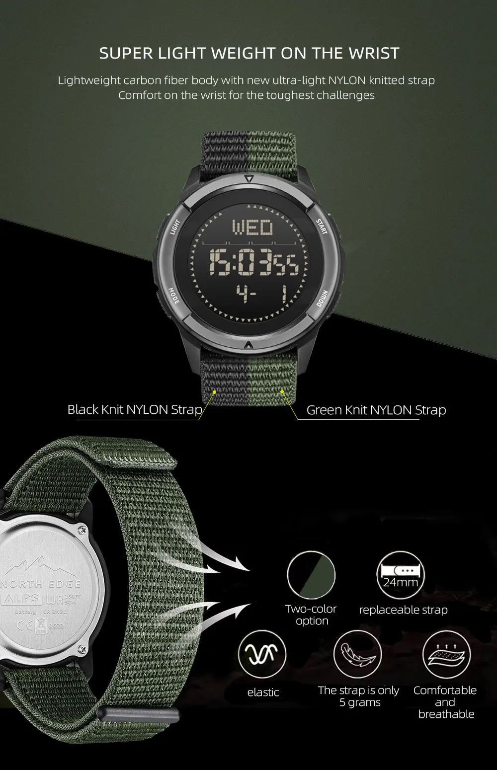 NORTH EDGE ALPS Carbon Fiber Smart Watch - UltraLight, Compass, Waterproof 50M, Step Counter