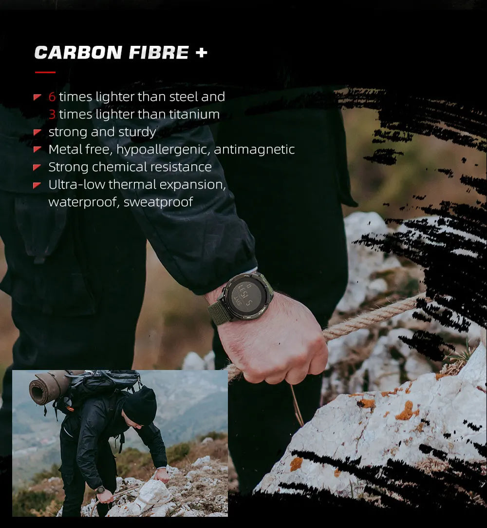 NORTH EDGE ALPS Carbon Fiber Smart Watch - UltraLight, Compass, Waterproof 50M, Step Counter