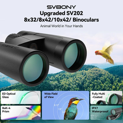 Svbony SV202 Upgraded Wide-angle ED Binoculars 8x32/8x42/10x42 - Bak4 Prism, IPX7 Waterproof, Fogproof