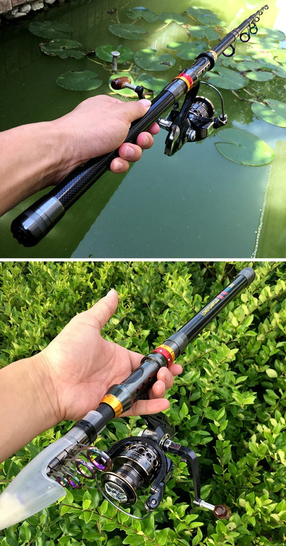 Carbon Fiber Collapsible Fishing Rod and Reel -  1.8-3.6m and 5.2:1 Gear Ratio Stainless Reel with Line