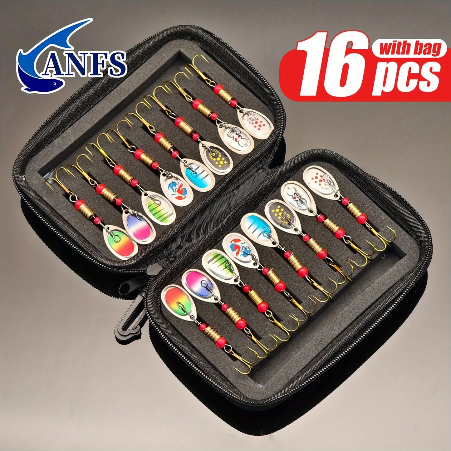 ANFS 16pcs Spinner/Spoons - Metal Fishing Spinners, Spinner Lures with Portable Carry Bag - Fishing Lures Kit