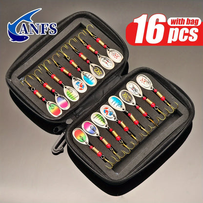ANFS 16pcs Spinner/Spoons - Metal Fishing Spinners, Spinner Lures with Portable Carry Bag - Fishing Lures Kit
