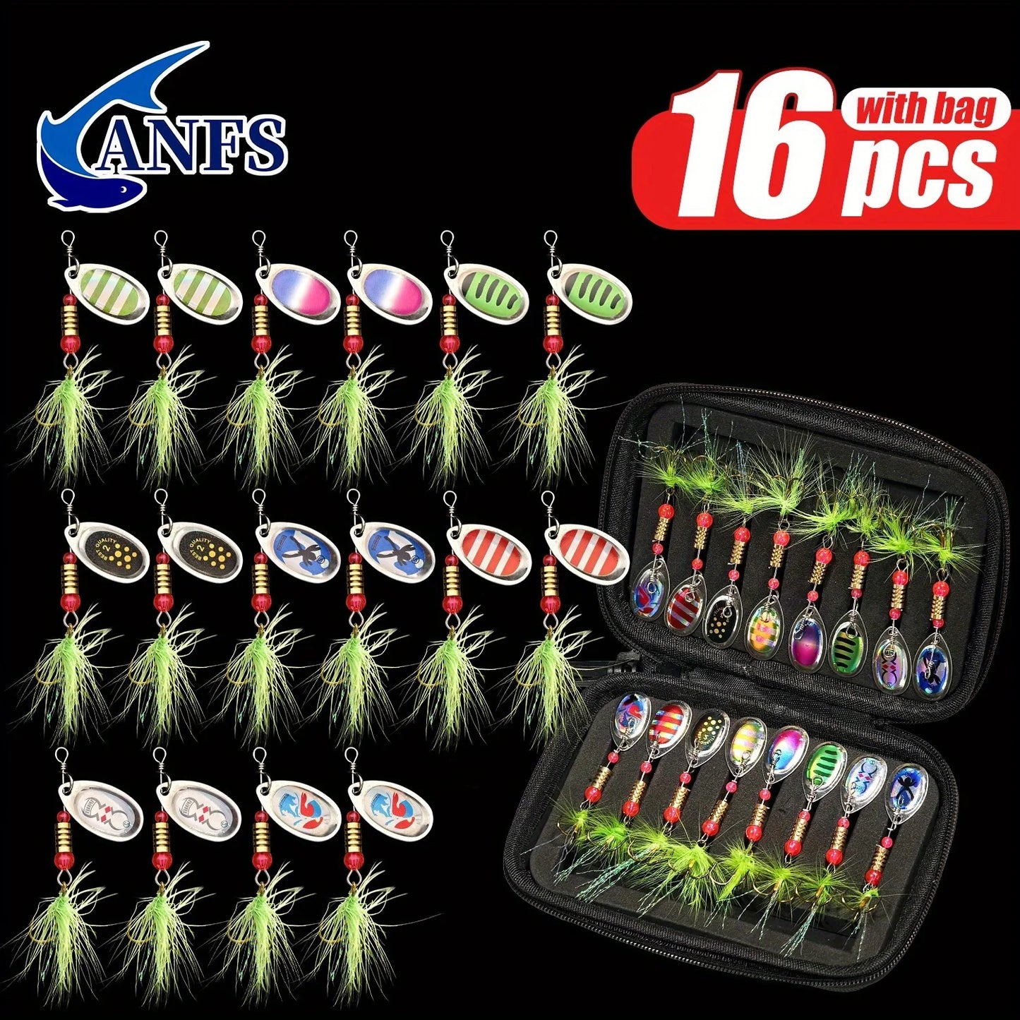 ANFS 16pcs Spinner/Spoons - Metal Fishing Spinners, Spinner Lures with Portable Carry Bag - Fishing Lures Kit