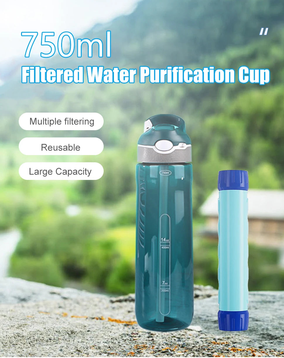 Water Filter Bottle - Water Purifier Drinking Bottle - Hiking, Camping, Survival or Emergency Water Purification - Replaceable Filter/Reusable Bottle