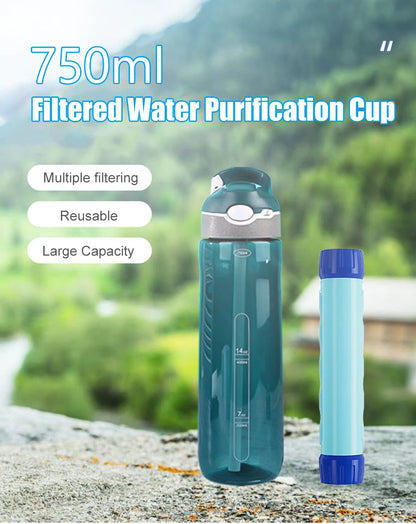 Water Filter Bottle - Water Purifier Drinking Bottle - Hiking, Camping, Survival or Emergency Water Purification - Replaceable Filter/Reusable Bottle