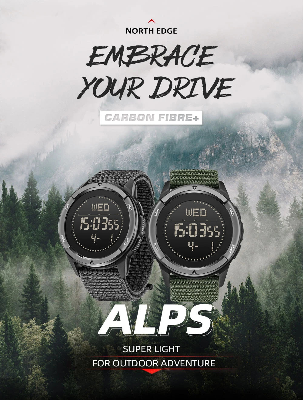 NORTH EDGE ALPS Carbon Fiber Smart Watch - UltraLight, Compass, Waterproof 50M, Step Counter