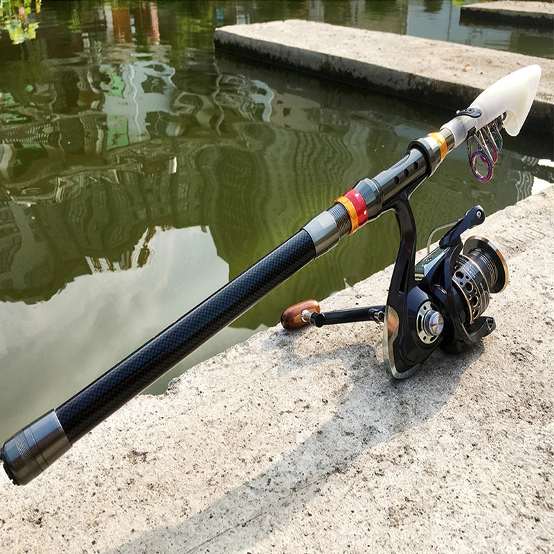 Carbon Fiber Collapsible Fishing Rod and Reel -  1.8-3.6m and 5.2:1 Gear Ratio Stainless Reel with Line