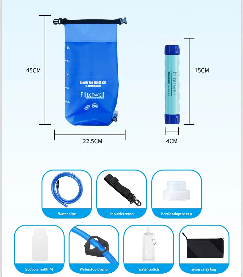 Filterwell 6L Gravity Fed Water Purifying Filter Bag - Water Filtration System - Emergency Survival Camping Water Purifier