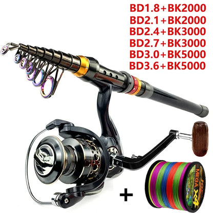 Carbon Fiber Collapsible Fishing Rod and Reel -  1.8-3.6m and 5.2:1 Gear Ratio Stainless Reel with Line
