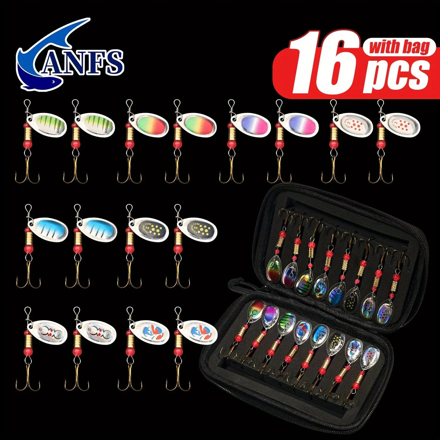 ANFS 16pcs Spinner/Spoons - Metal Fishing Spinners, Spinner Lures with Portable Carry Bag - Fishing Lures Kit