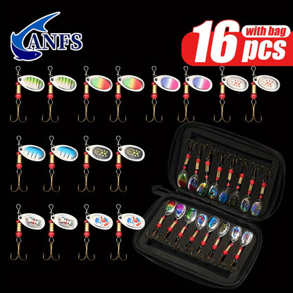 ANFS 16pcs Spinner/Spoons - Metal Fishing Spinners, Spinner Lures with Portable Carry Bag - Fishing Lures Kit