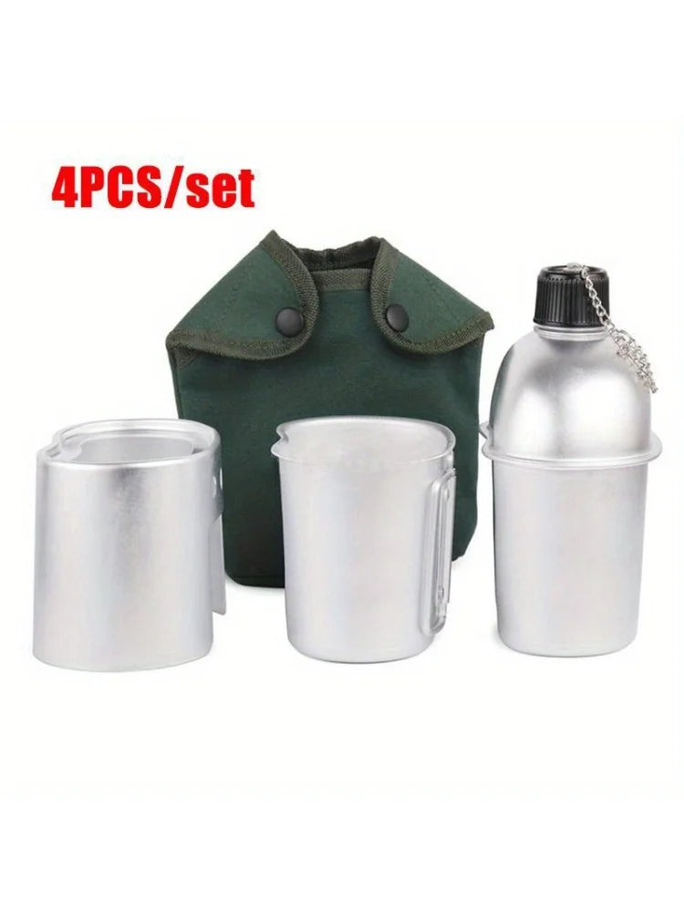 4pcs Military Canteen Cookware Set - Aluminum Multi-Functional Water Bottle/Pot/Stove & Case