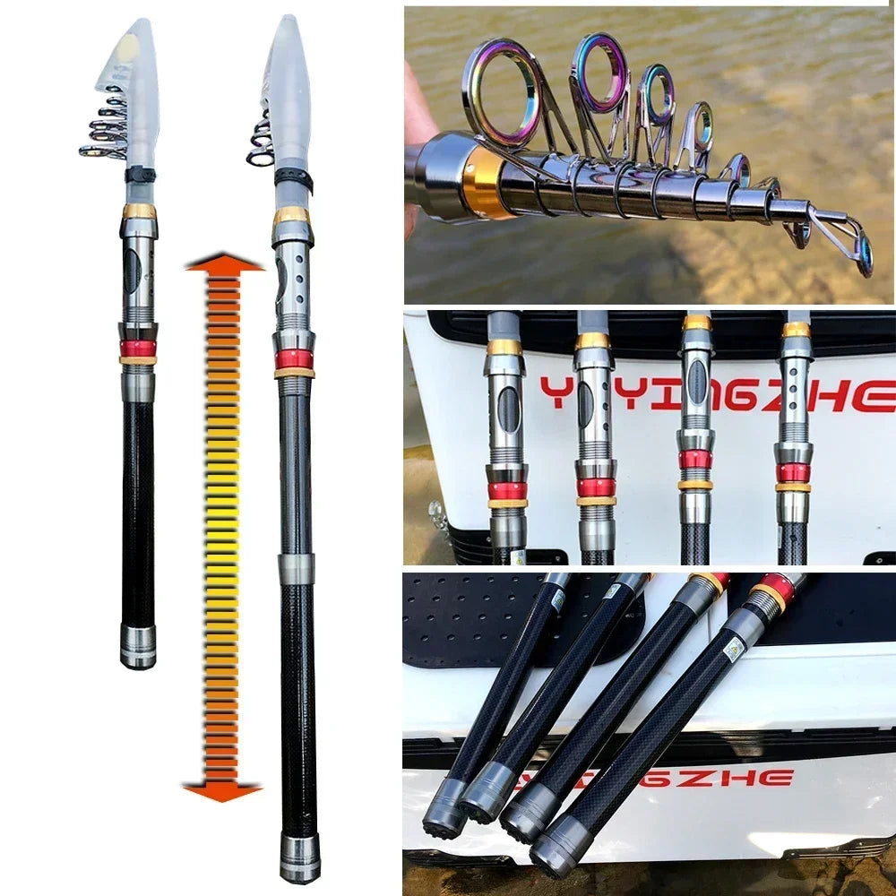 Carbon Fiber Collapsible Fishing Rod and Reel -  1.8-3.6m and 5.2:1 Gear Ratio Stainless Reel with Line