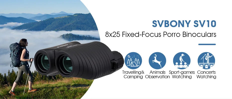 SVBONY SV10/SV10S 8x25 Compact Binoculars - Fixed Focus, Multi-coated Porro Prism Lenses