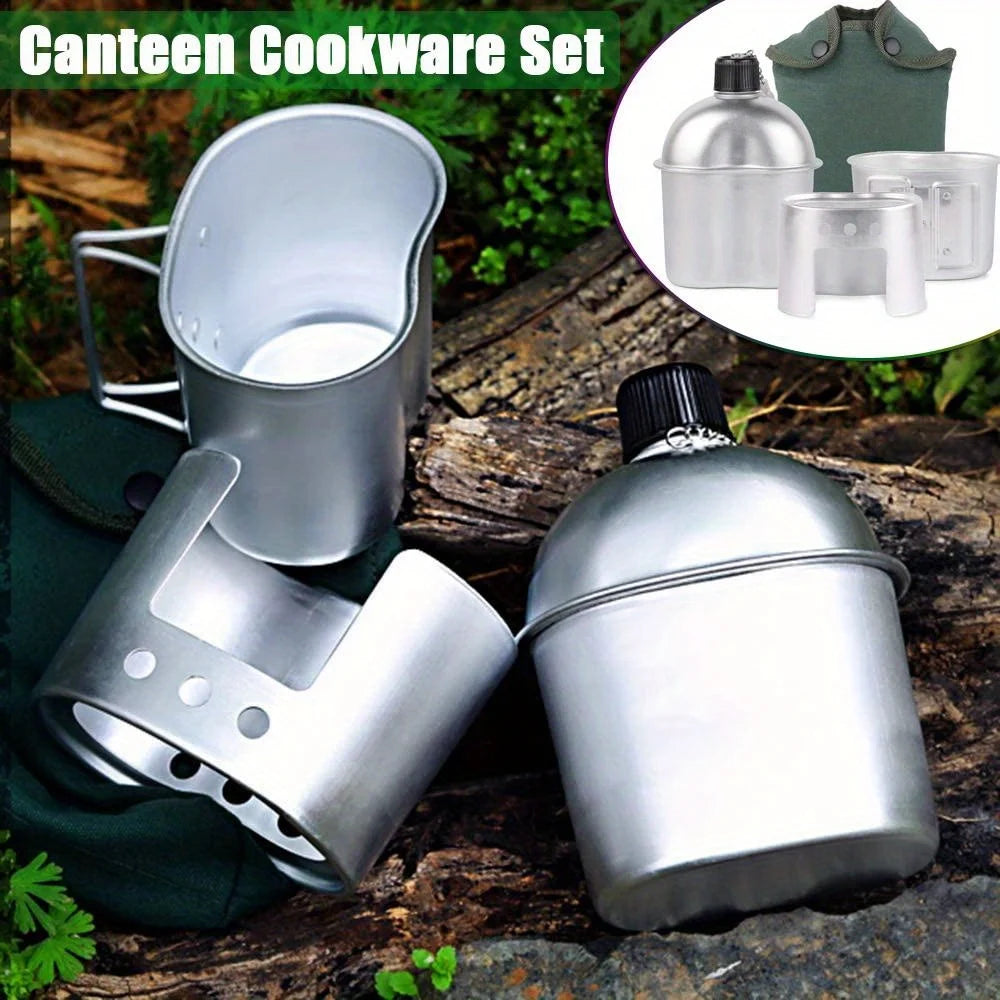 4pcs Military Canteen Cookware Set - Aluminum Multi-Functional Water Bottle/Pot/Stove & Case