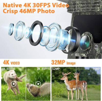 Solar Trail Camera - 30MP/2K Video - Solar Panel Charger -  Infrared Night Vision - Motion Camera