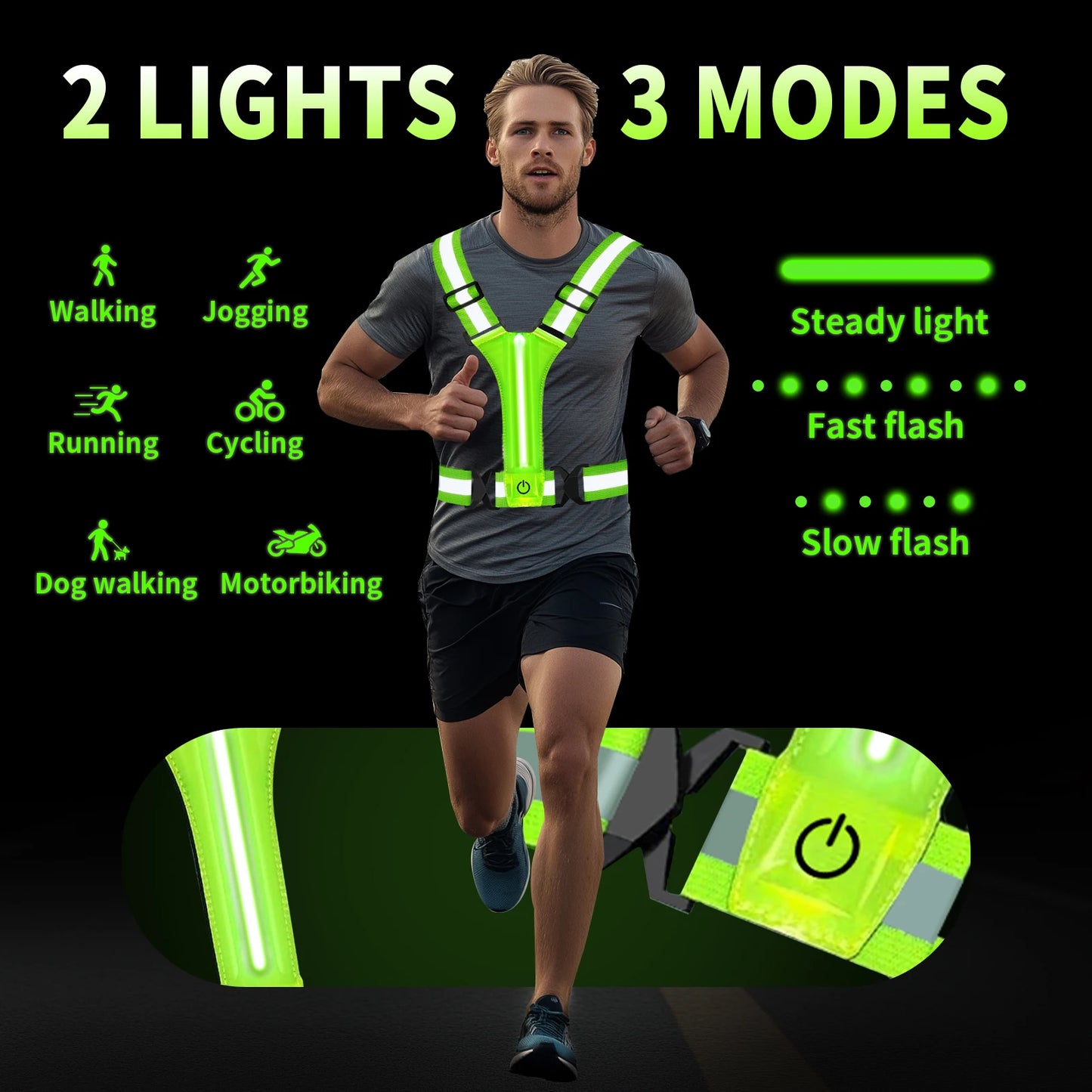 LED Illuminated Reflective Vest - High Visibility Straps - Rechargeable
