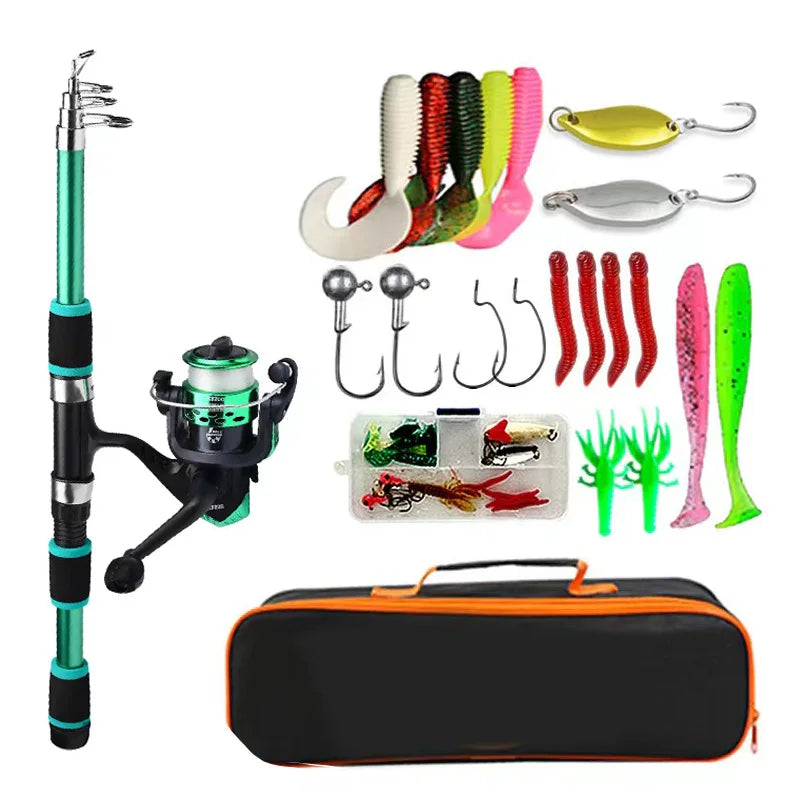 Collapsible Fishing Rod - Full Kids Fishing Kit With Travel Bag and Lures