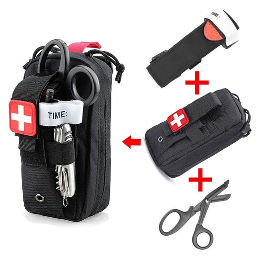 First Aid Tourniquet Kit - Emergency Medical Rescue EDC Pouch - Gauze, Scissors, Molle Survival Tool