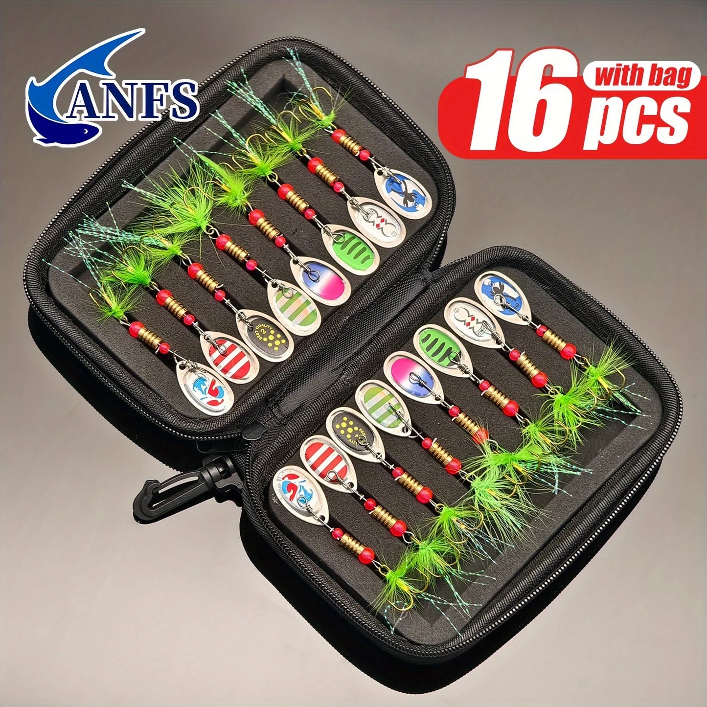 ANFS 16pcs Spinner/Spoons - Metal Fishing Spinners, Spinner Lures with Portable Carry Bag - Fishing Lures Kit