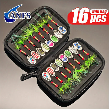ANFS 16pcs Spinner/Spoons - Metal Fishing Spinners, Spinner Lures with Portable Carry Bag - Fishing Lures Kit