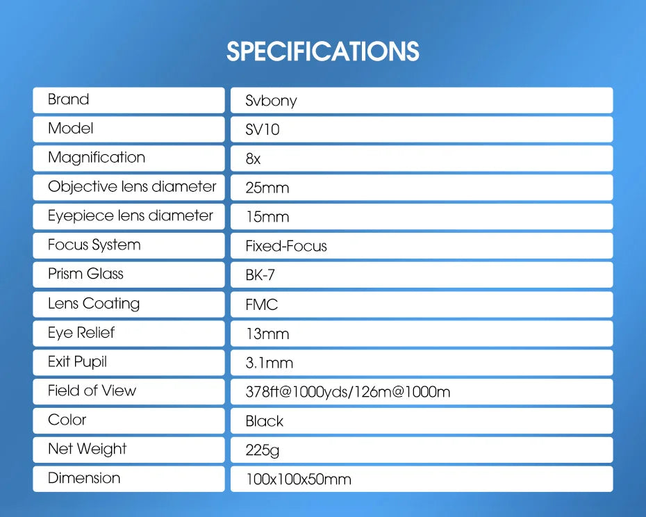 SVBONY SV10/SV10S 8x25 Compact Binoculars - Fixed Focus, Multi-coated Porro Prism Lenses