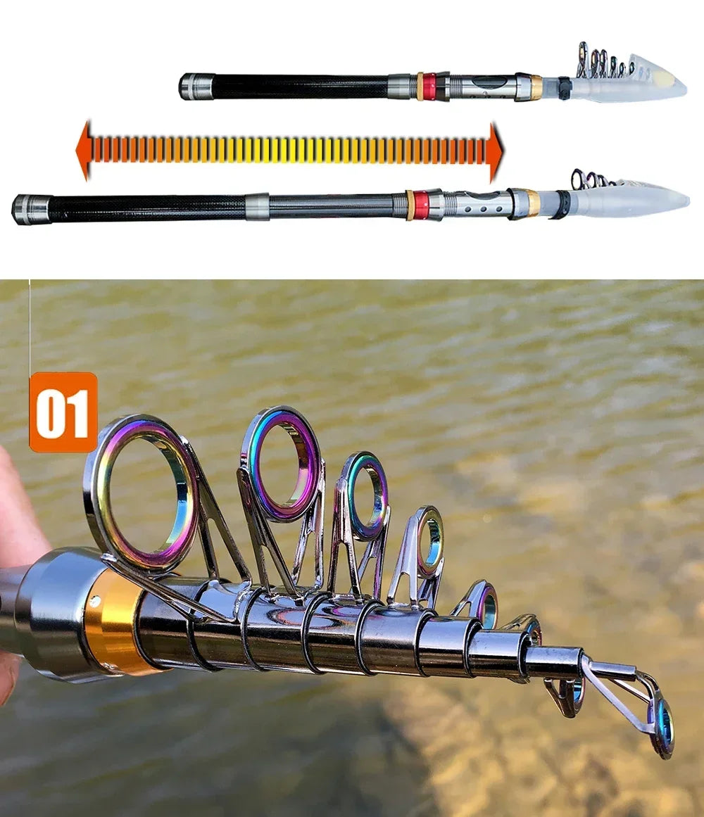 Carbon Fiber Collapsible Fishing Rod and Reel -  1.8-3.6m and 5.2:1 Gear Ratio Stainless Reel with Line