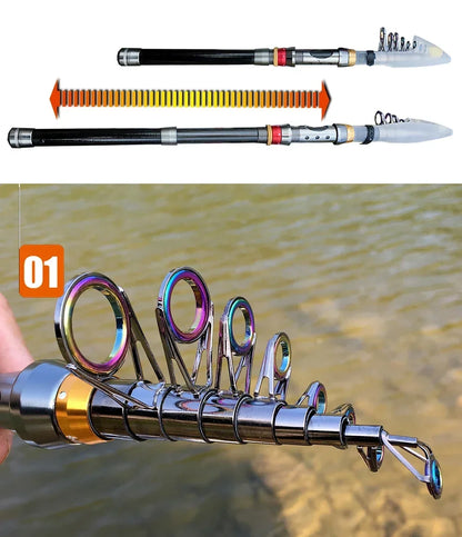 Carbon Fiber Collapsible Fishing Rod and Reel -  1.8-3.6m and 5.2:1 Gear Ratio Stainless Reel with Line