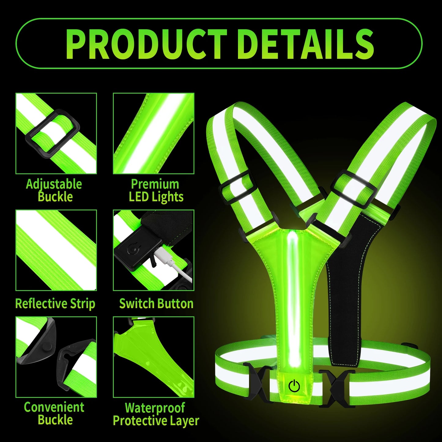LED Illuminated Reflective Vest - High Visibility Straps - Rechargeable