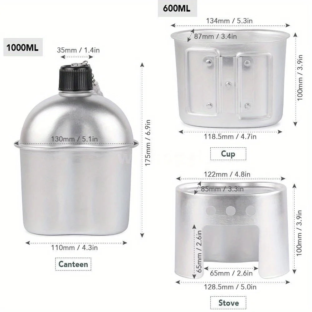 4pcs Military Canteen Cookware Set - Aluminum Multi-Functional Water Bottle/Pot/Stove & Case