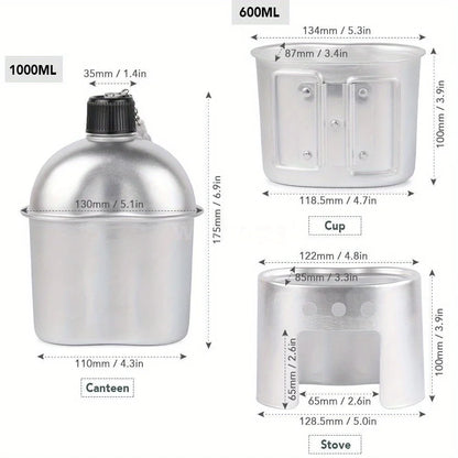 4pcs Military Canteen Cookware Set - Aluminum Multi-Functional Water Bottle/Pot/Stove & Case