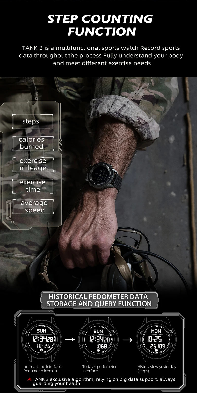 NORTH EDGE TANK 3 Smartwatch - Pedometer, Compass, Waterproof 50M