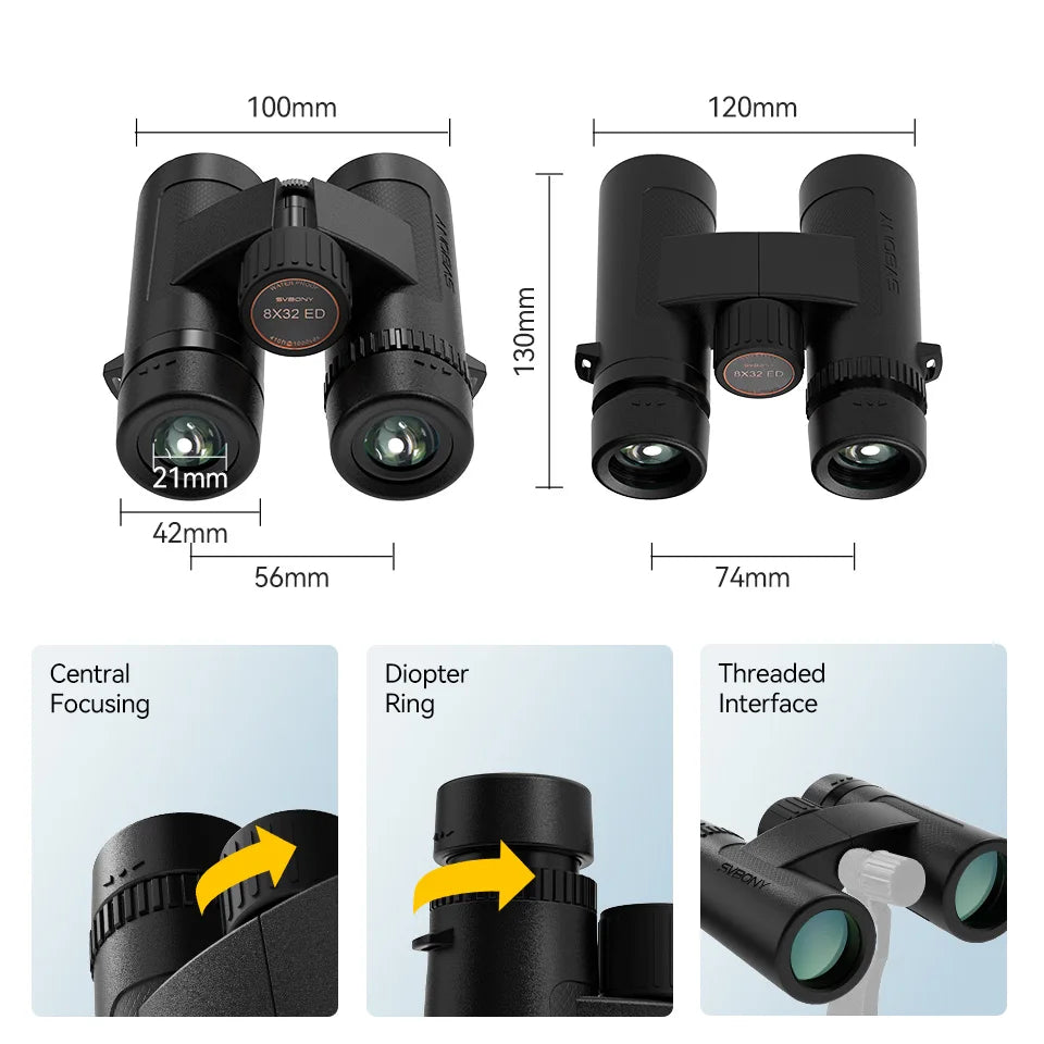 Svbony SV202 Upgraded Wide-angle ED Binoculars 8x32/8x42/10x42 - Bak4 Prism, IPX7 Waterproof, Fogproof